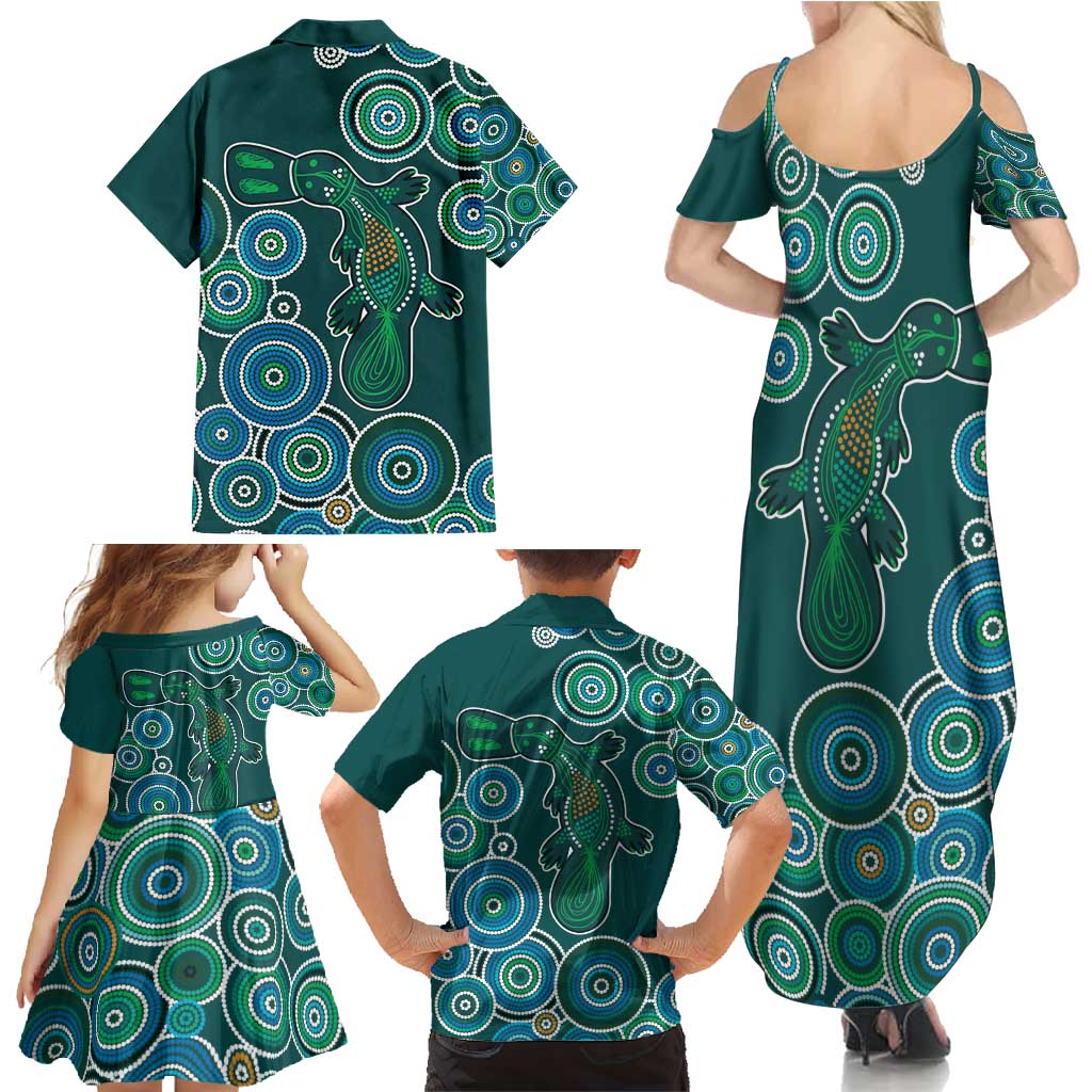 Green Platypus Aboriginal Art Family Matching Summer Maxi Dress and Hawaiian Shirt