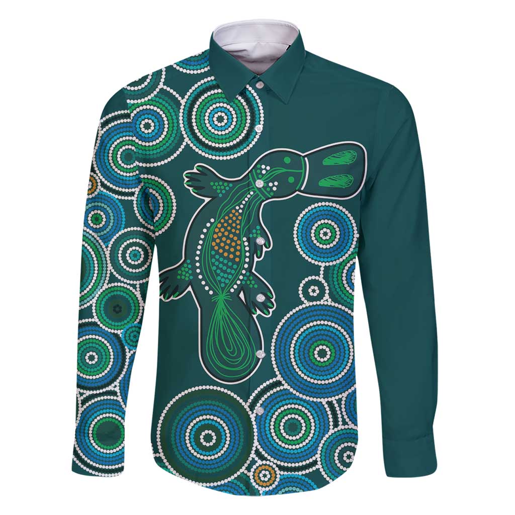 Green Platypus Aboriginal Art Family Matching Summer Maxi Dress and Hawaiian Shirt