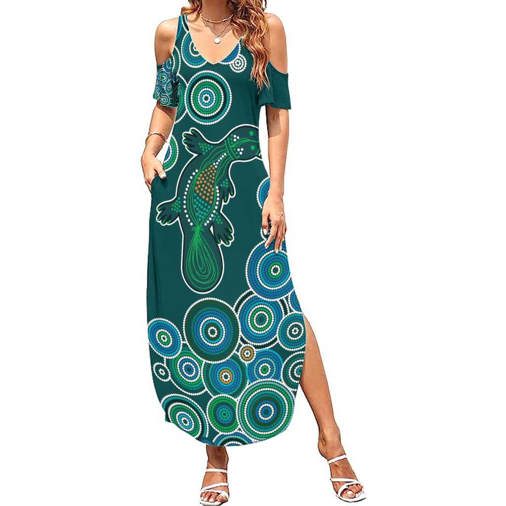 Green Platypus Aboriginal Art Family Matching Summer Maxi Dress and Hawaiian Shirt