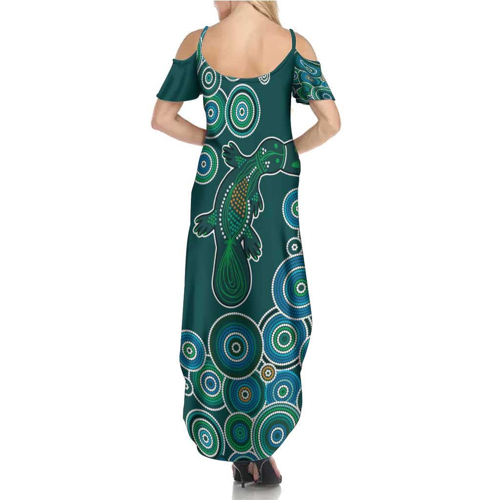 Green Platypus Aboriginal Art Family Matching Summer Maxi Dress and Hawaiian Shirt