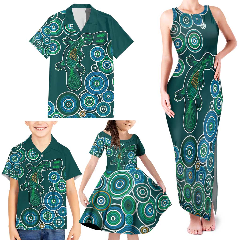 Green Platypus Aboriginal Art Family Matching Tank Maxi Dress and Hawaiian Shirt
