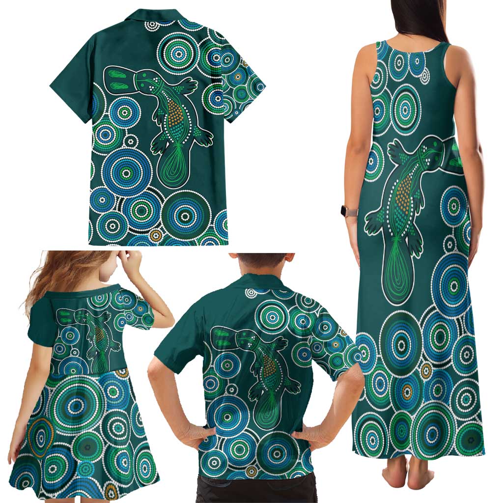 Green Platypus Aboriginal Art Family Matching Tank Maxi Dress and Hawaiian Shirt