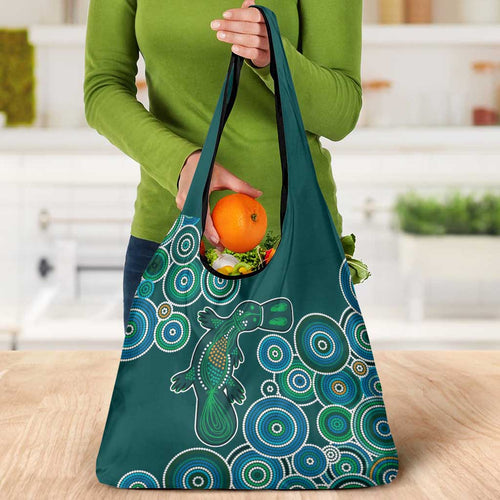 Green Platypus Aboriginal Art Grocery Bag