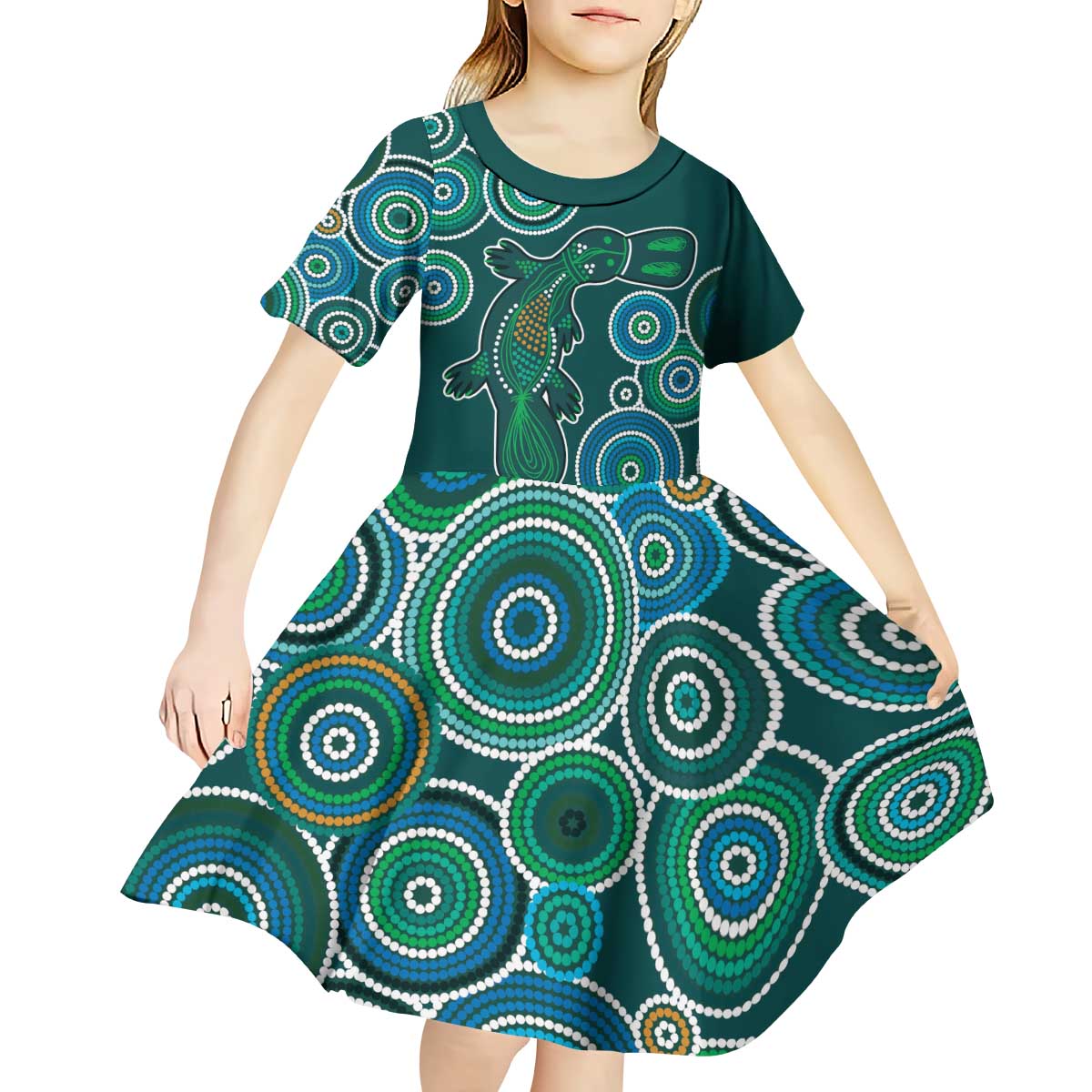 Green Platypus Aboriginal Art Kid Short Sleeve Dress