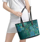 Green Platypus Aboriginal Art Leather Tote Bag