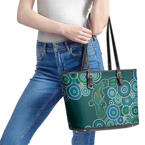 Green Platypus Aboriginal Art Leather Tote Bag