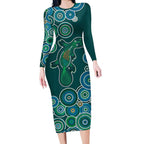 Green Platypus Aboriginal Art Long Sleeve Bodycon Dress