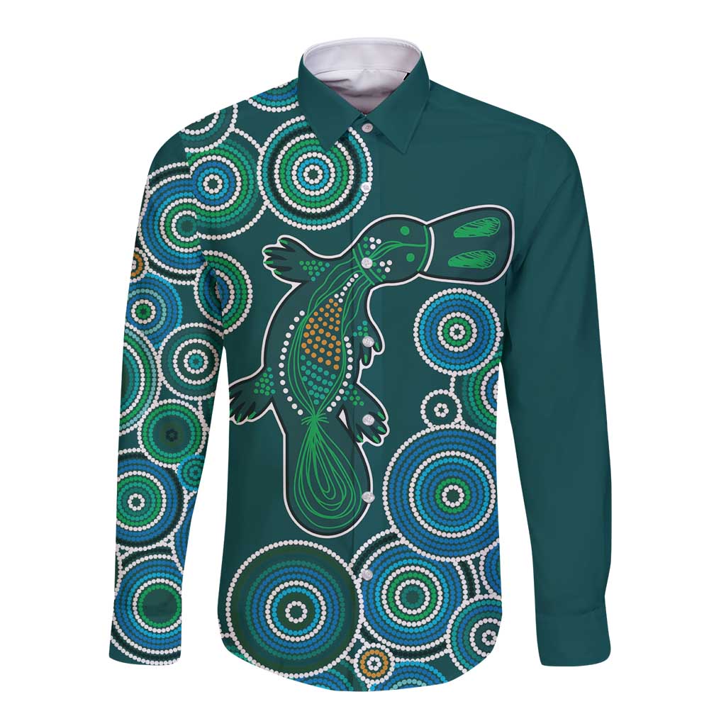 Green Platypus Aboriginal Art Long Sleeve Button Shirt