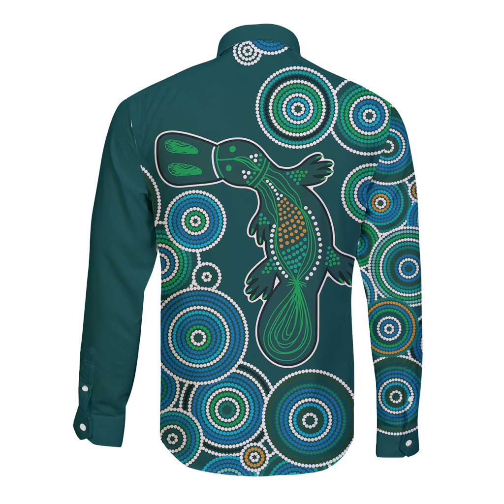 Green Platypus Aboriginal Art Long Sleeve Button Shirt