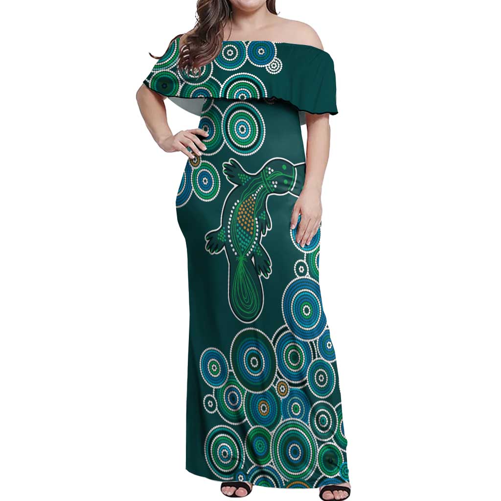 Green Platypus Aboriginal Art Off Shoulder Maxi Dress