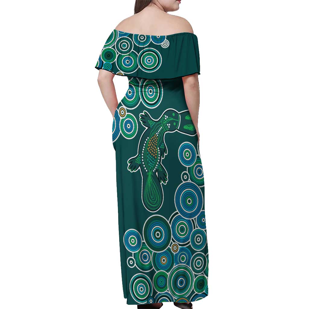 Green Platypus Aboriginal Art Off Shoulder Maxi Dress