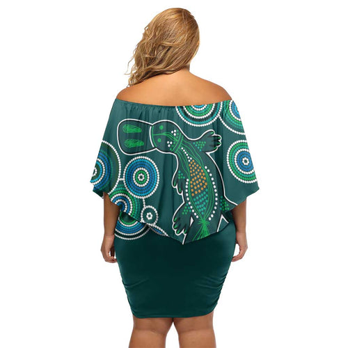Green Platypus Aboriginal Art Off Shoulder Short Dress