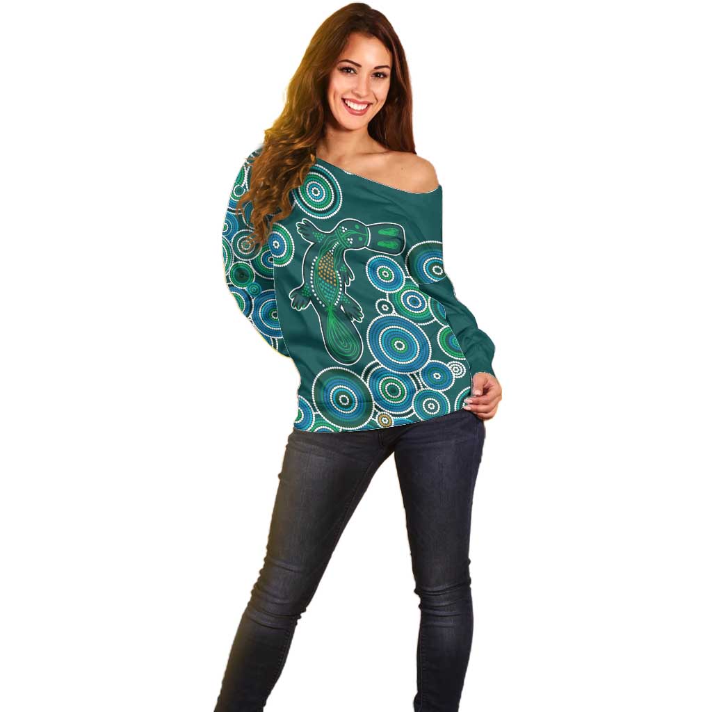Green Platypus Aboriginal Art Off Shoulder Sweater