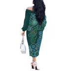 Green Platypus Aboriginal Art Off The Shoulder Long Sleeve Dress