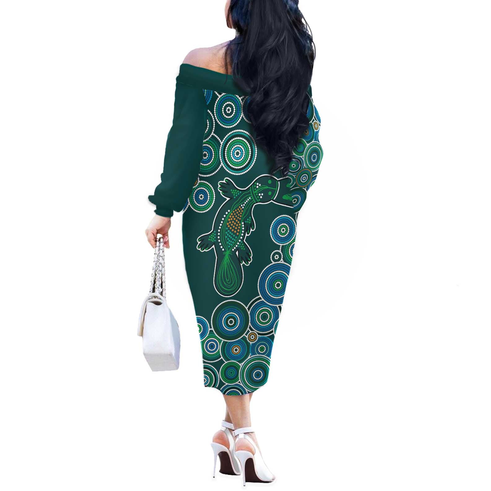 Green Platypus Aboriginal Art Off The Shoulder Long Sleeve Dress