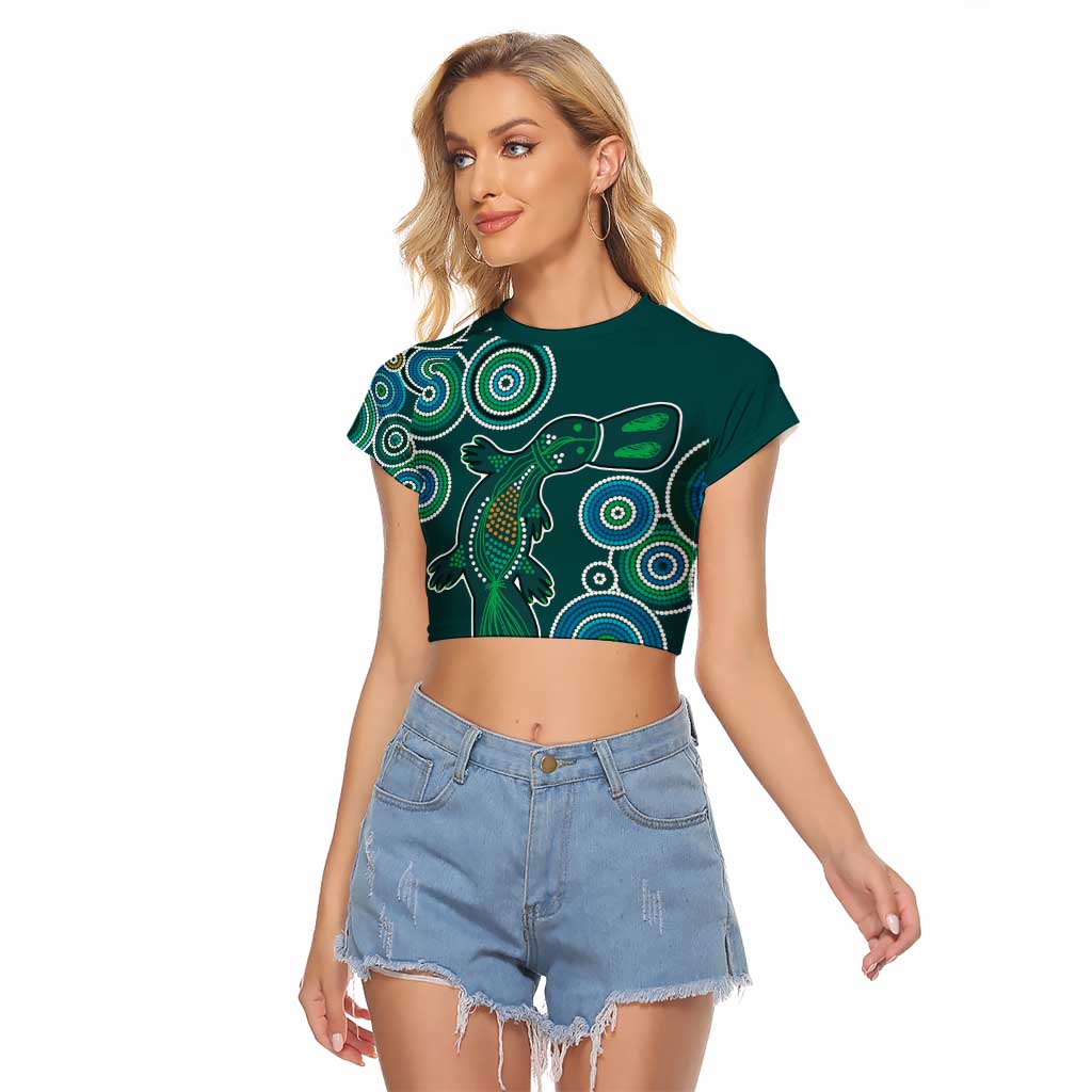 Green Platypus Aboriginal Art Raglan Cropped T Shirt