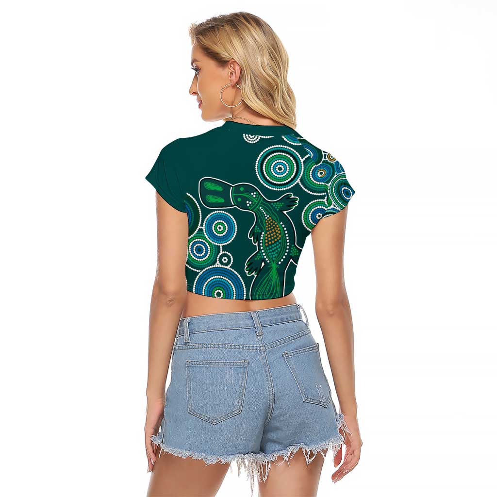 Green Platypus Aboriginal Art Raglan Cropped T Shirt
