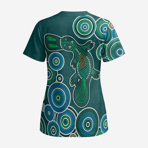 Green Platypus Aboriginal Art Scrub Top - Aussie Hoodie