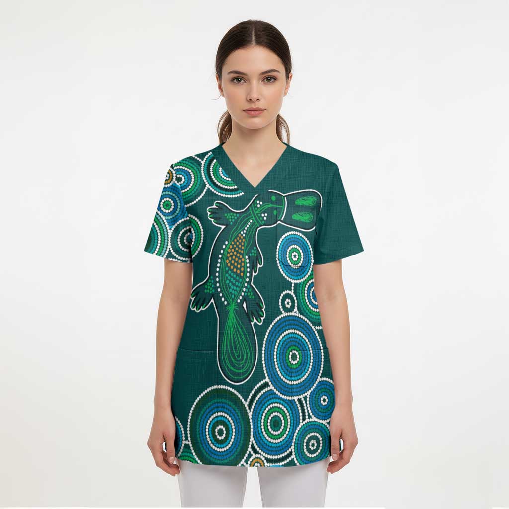 Green Platypus Aboriginal Art Scrub Top - Aussie Hoodie