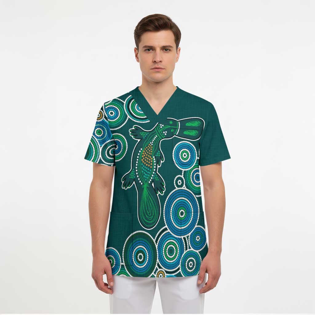 Green Platypus Aboriginal Art Scrub Top - Aussie Hoodie