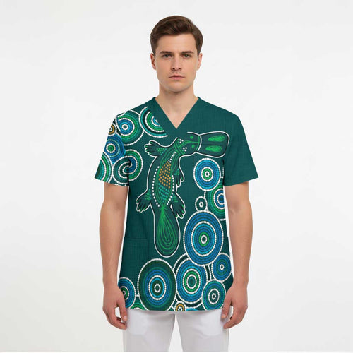 Green Platypus Aboriginal Art Scrub Top - Aussie Hoodie