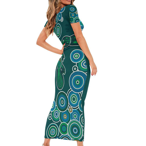 Green Platypus Aboriginal Art Short Sleeve Bodycon Dress