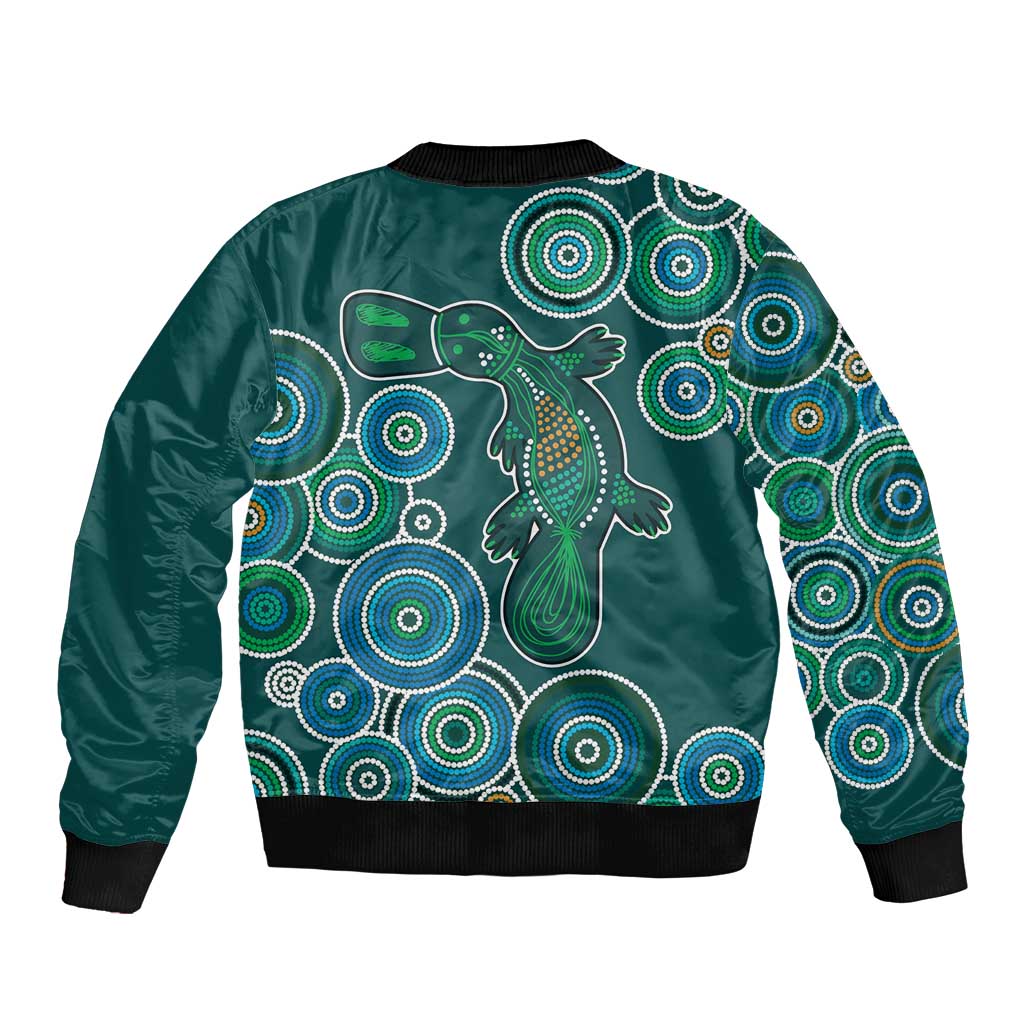 Green Platypus Aboriginal Art Sleeve Zip Bomber Jacket