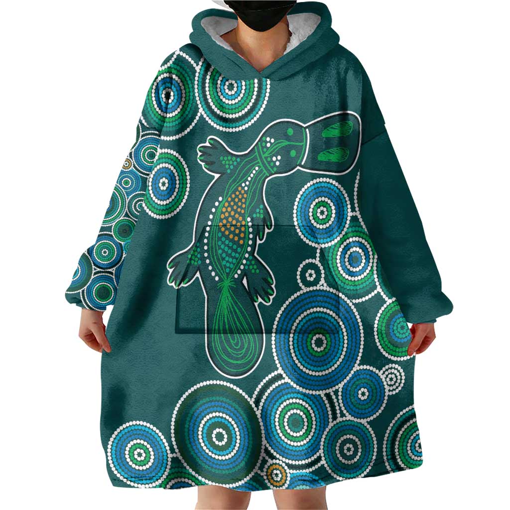 Green Platypus Aboriginal Art Wearable Blanket Hoodie