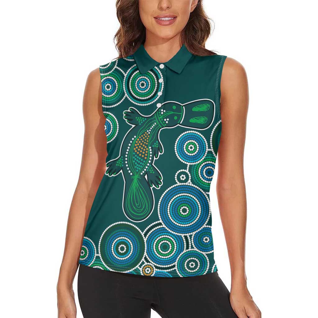 Green Platypus Aboriginal Art Women Sleeveless Polo Shirt