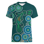 Green Platypus Aboriginal Art Women V-Neck T-Shirt