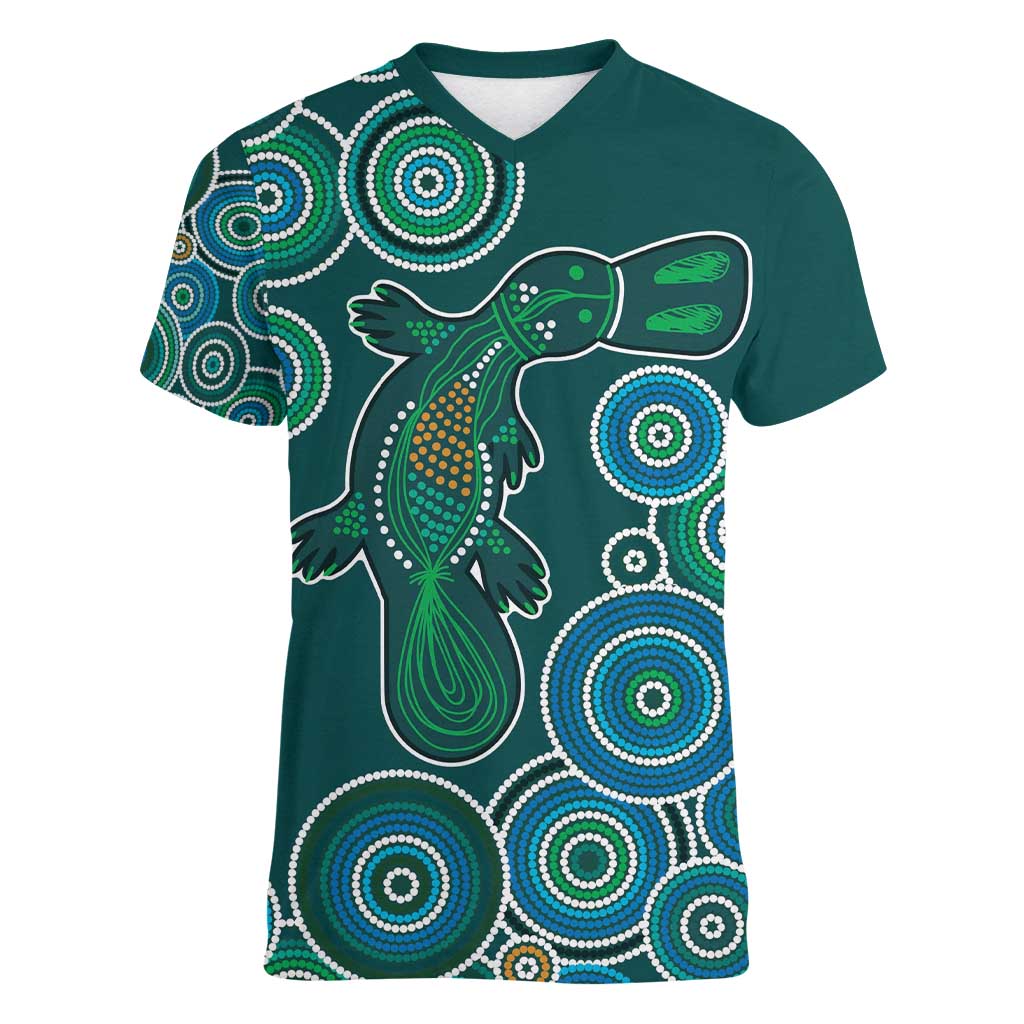 Green Platypus Aboriginal Art Women V-Neck T-Shirt
