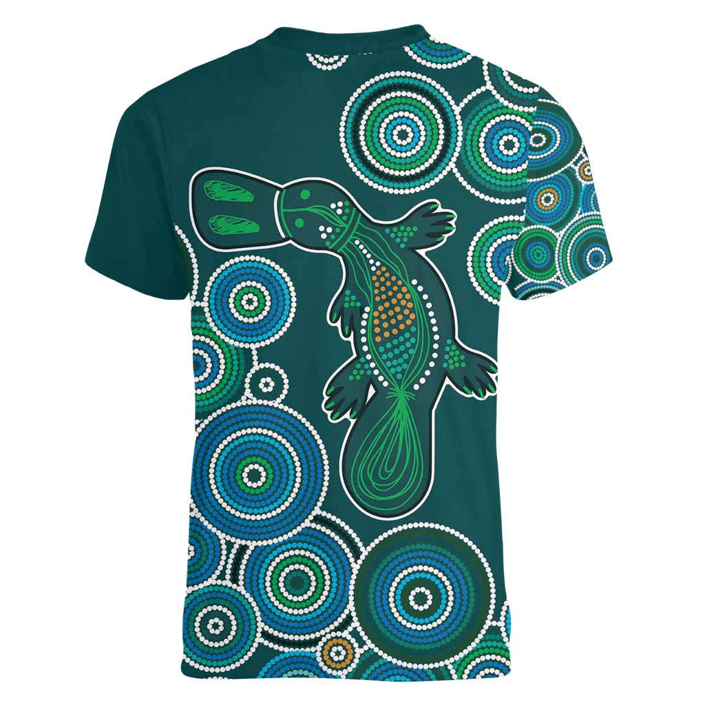 Green Platypus Aboriginal Art Women V-Neck T-Shirt