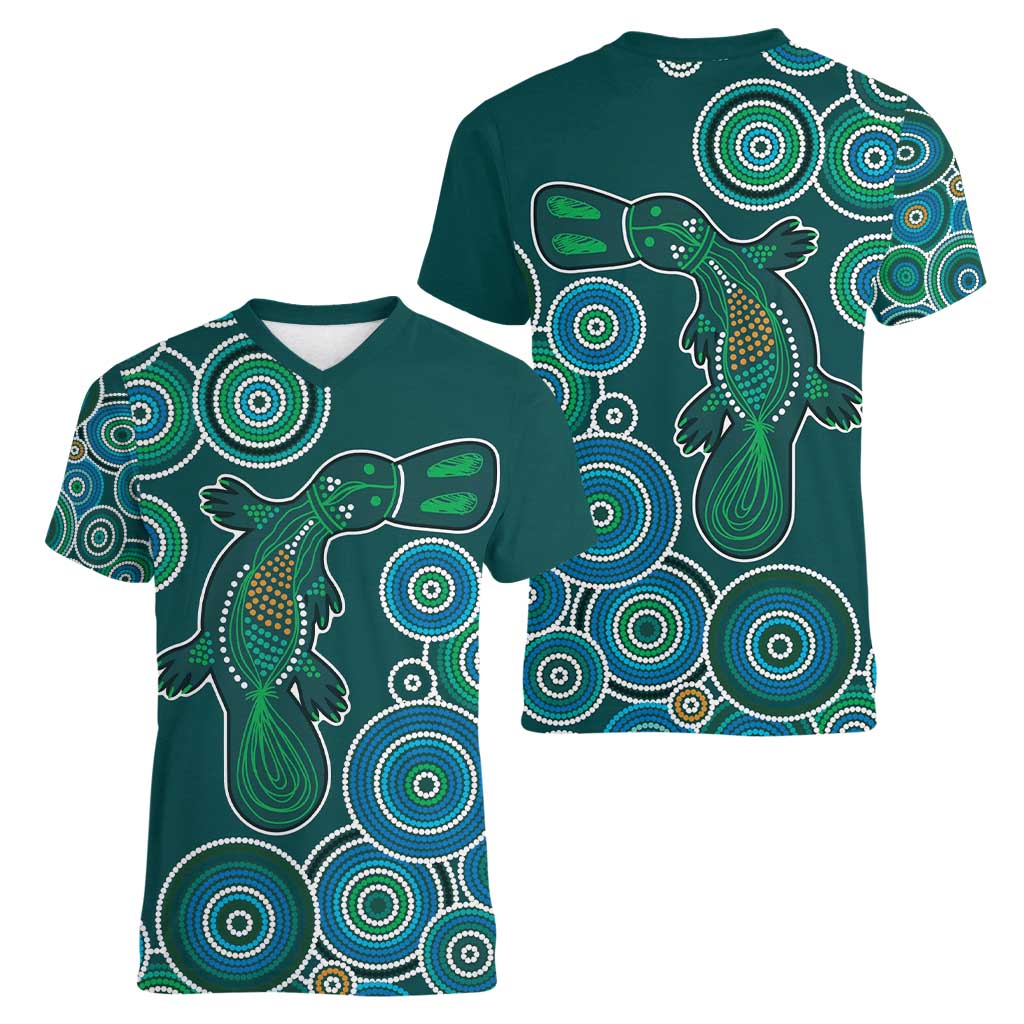 Green Platypus Aboriginal Art Women V-Neck T-Shirt