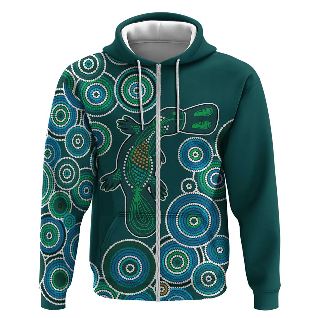 Green Platypus Aboriginal Art Zip Hoodie