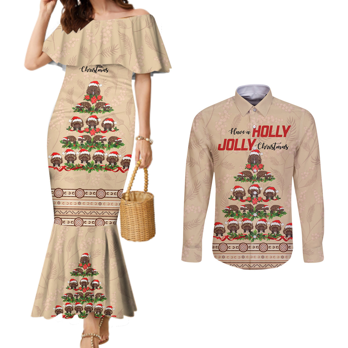 holiday-lighting-santa-echidna-christmas-tree-couples-matching-mermaid-dress-and-long-sleeve-button-shirt