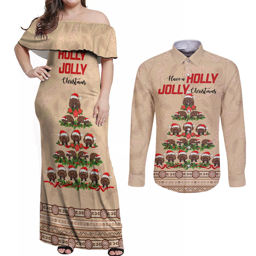 holiday-lighting-santa-echidna-christmas-tree-couples-matching-off-shoulder-maxi-dress-and-long-sleeve-button-shirt