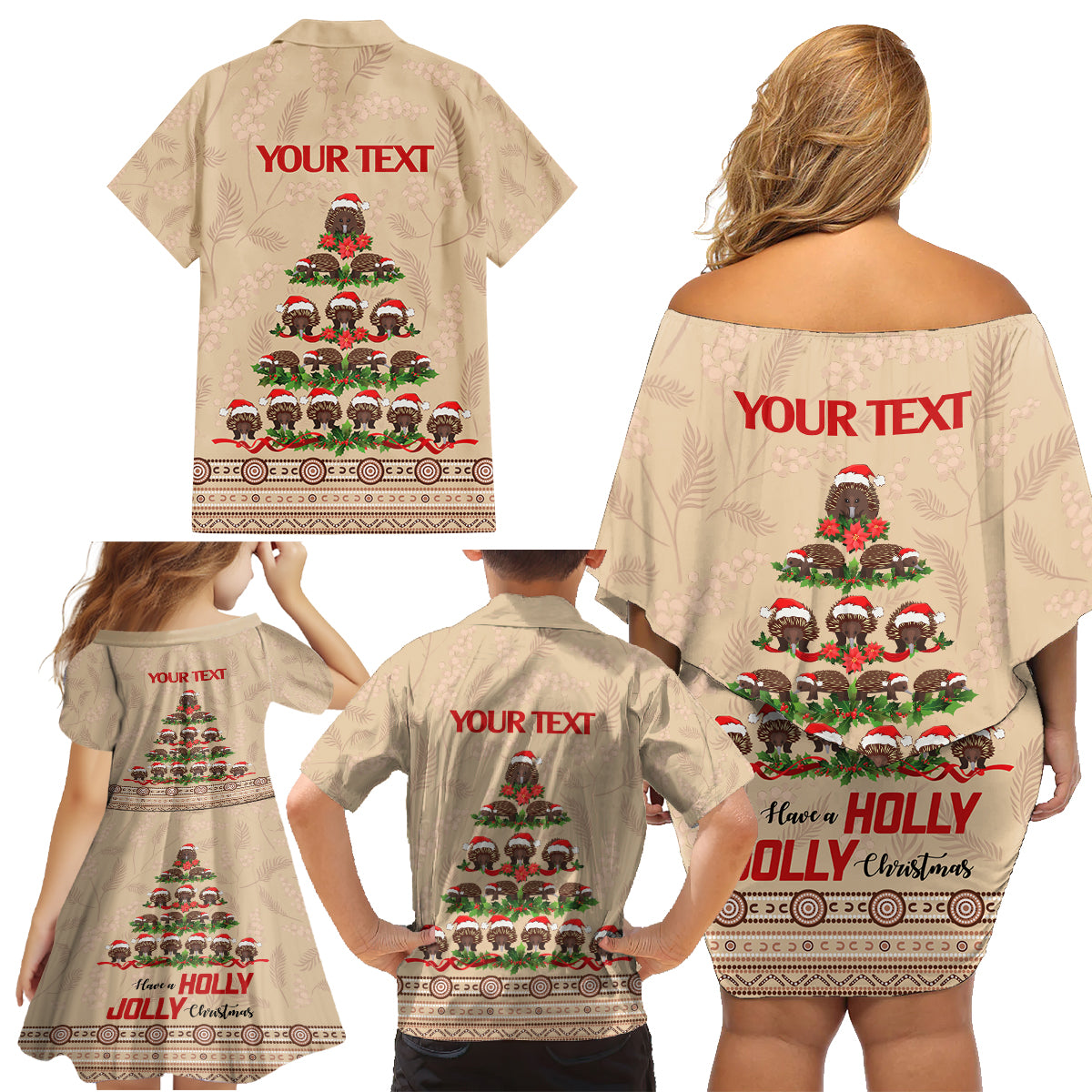 holiday-lighting-santa-echidna-christmas-tree-family-matching-off-shoulder-short-dress-and-hawaiian-shirt