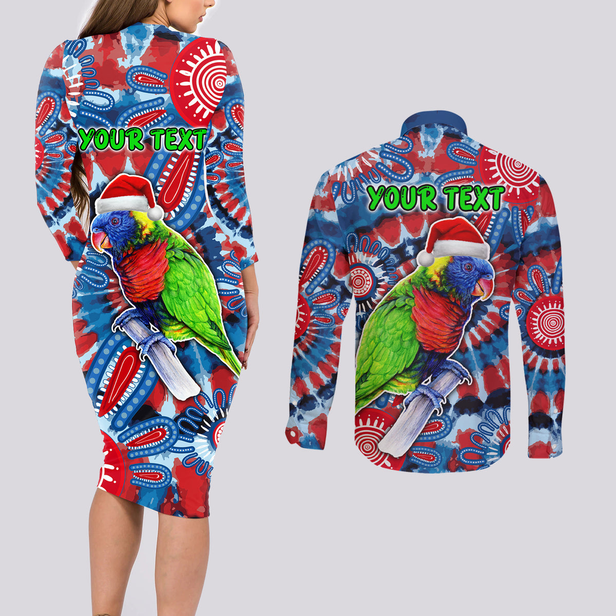 australia-lorikeet-aboriginal-rainbow-tie-dye-merry-christmas-couples-matching-long-sleeve-bodycon-dress-and-long-sleeve-button-shirt