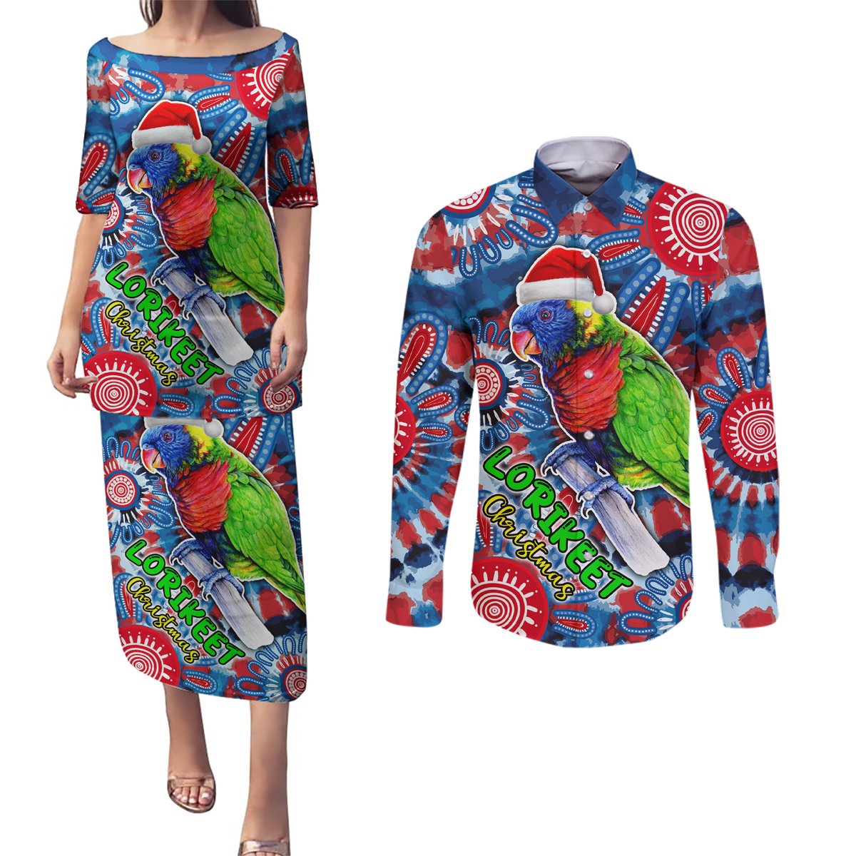 australia-lorikeet-aboriginal-rainbow-tie-dye-merry-christmas-couples-matching-puletasi-dress-and-long-sleeve-button-shirt
