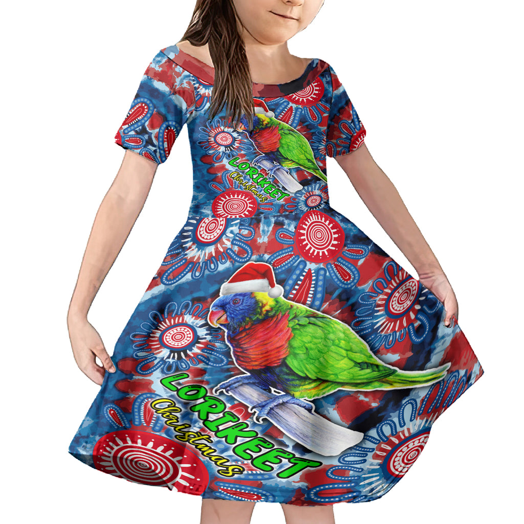 australia-lorikeet-aboriginal-rainbow-tie-dye-merry-christmas-kid-short-sleeve-dress