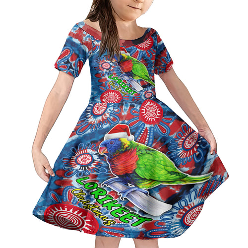 australia-lorikeet-aboriginal-rainbow-tie-dye-merry-christmas-kid-short-sleeve-dress
