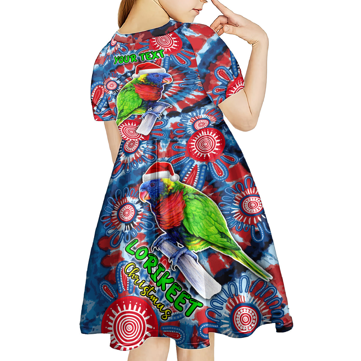 australia-lorikeet-aboriginal-rainbow-tie-dye-merry-christmas-kid-short-sleeve-dress