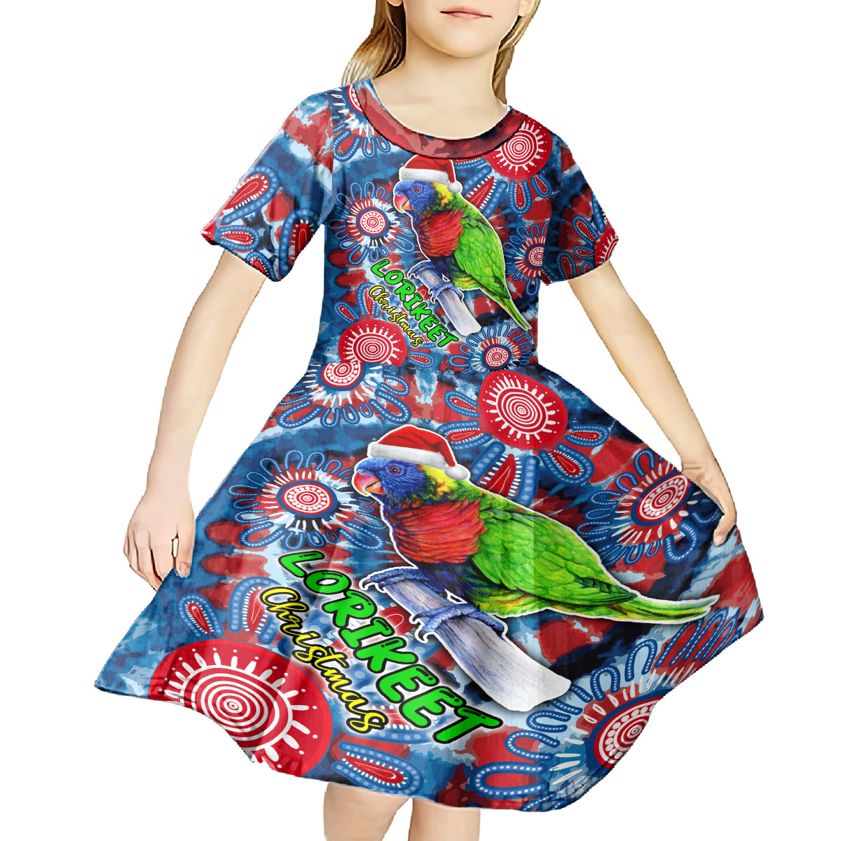 australia-lorikeet-aboriginal-rainbow-tie-dye-merry-christmas-kid-short-sleeve-dress