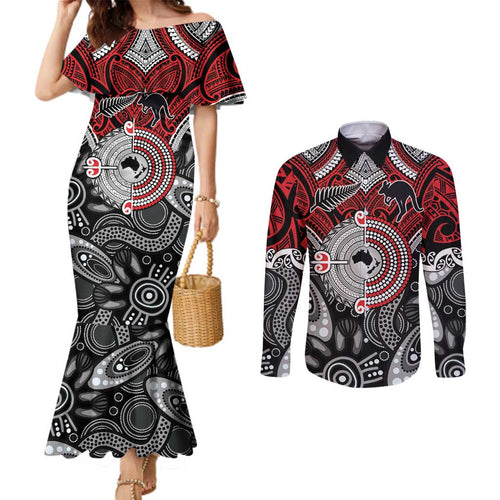Aotearoa and Australia Couples Matching Mermaid Dress and Long Sleeve Button Shirt New Zealand Honour The Treaty Ake!Ake!Ake!
