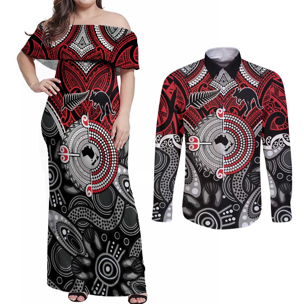 Aotearoa and Australia Couples Matching Off Shoulder Maxi Dress and Long Sleeve Button Shirt New Zealand Honour The Treaty Ake!Ake!Ake!