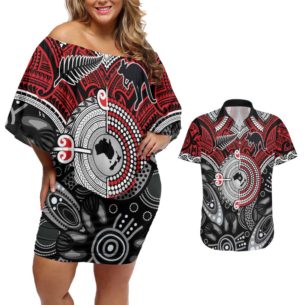 Aotearoa and Australia Couples Matching Off Shoulder Short Dress and Hawaiian Shirt New Zealand Honour The Treaty Ake!Ake!Ake!