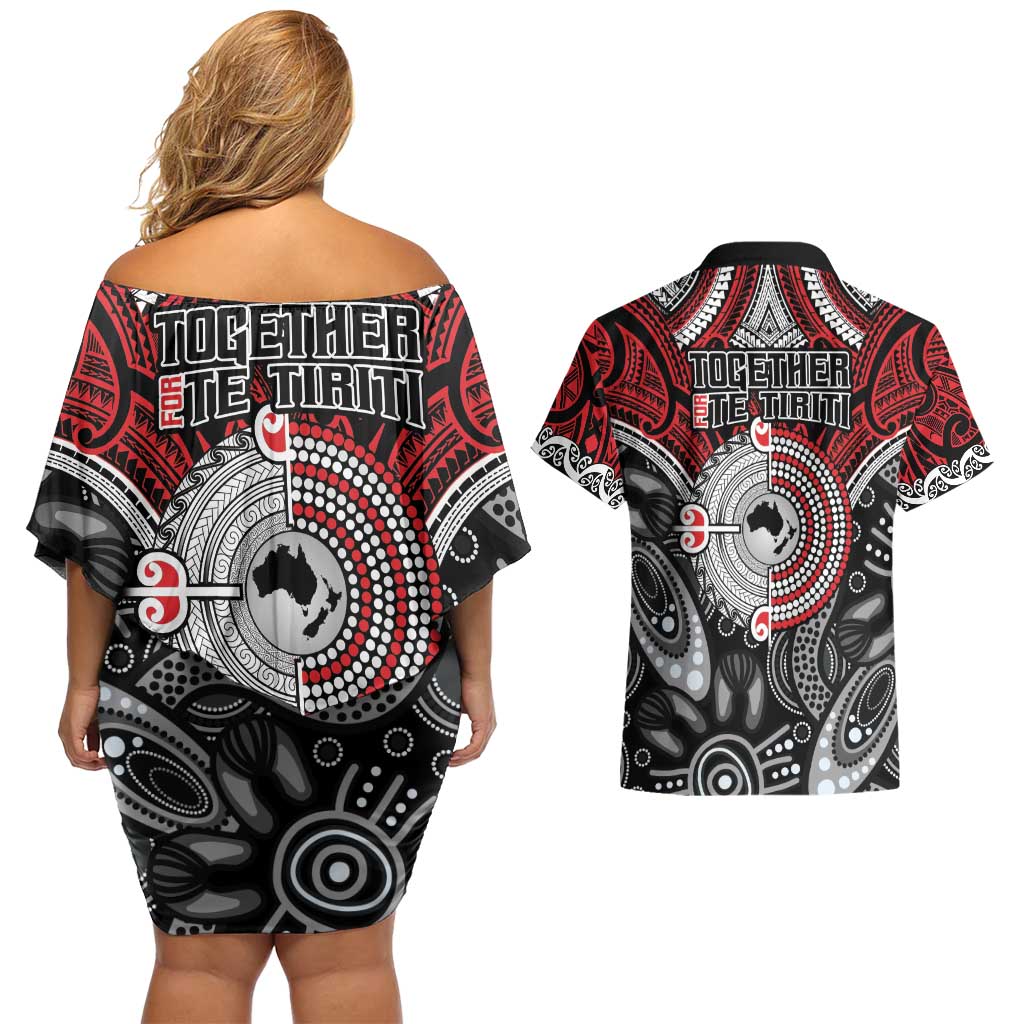 Aotearoa and Australia Couples Matching Off Shoulder Short Dress and Hawaiian Shirt New Zealand Honour The Treaty Ake!Ake!Ake!