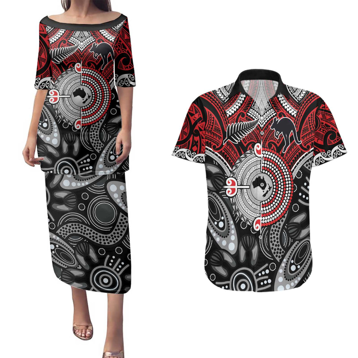 Aotearoa and Australia Couples Matching Puletasi and Hawaiian Shirt New Zealand Honour The Treaty Ake!Ake!Ake!