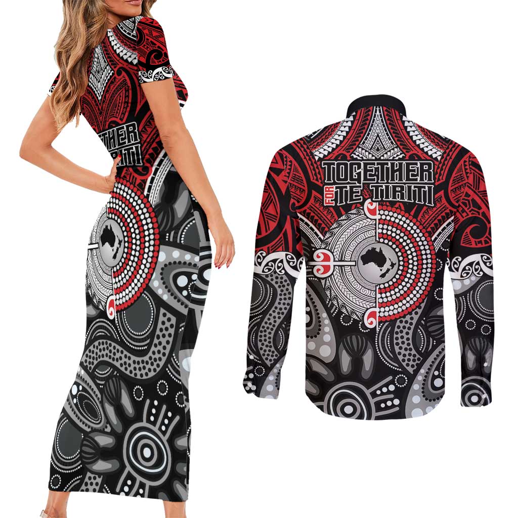 Aotearoa and Australia Couples Matching Short Sleeve Bodycon Dress and Long Sleeve Button Shirt New Zealand Honour The Treaty Ake!Ake!Ake!