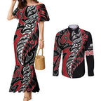 Koru Fern New Zealand Couples Matching Mermaid Dress and Long Sleeve Button Shirt Maori Tribal Pattern